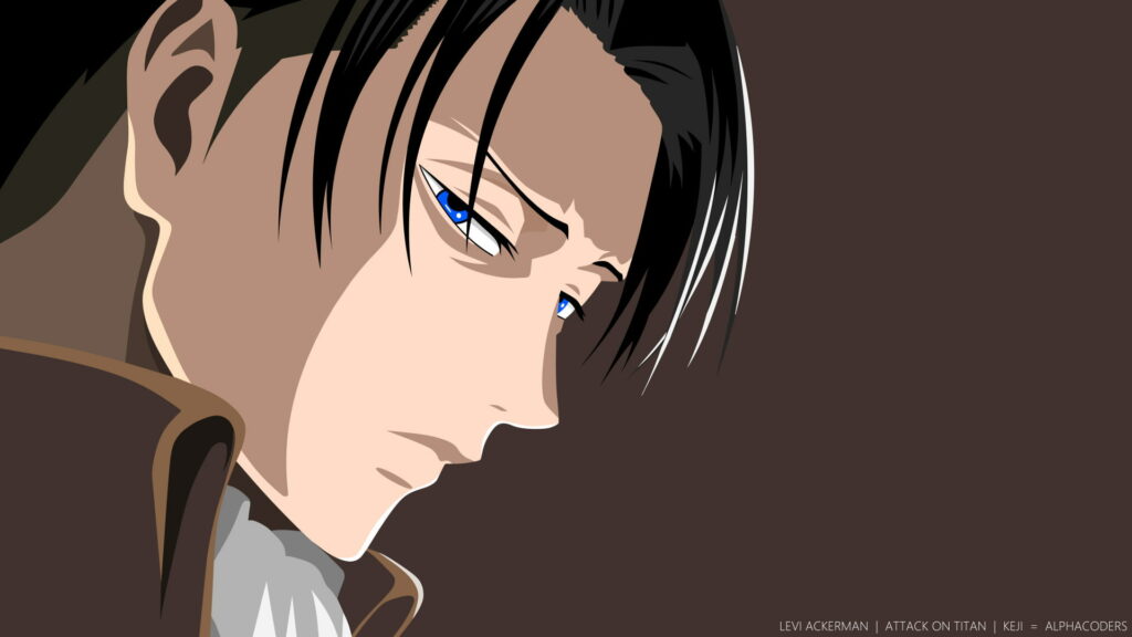 Levi Ackerman minimalist anime wallpaper with side profile black hair blue eyes on brown background