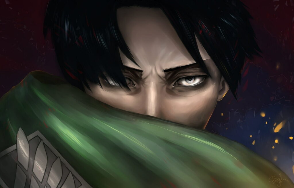 Levi Ackerman close-up portrait in Survey Corps cloak with embers background Attack on Titan wallpaper