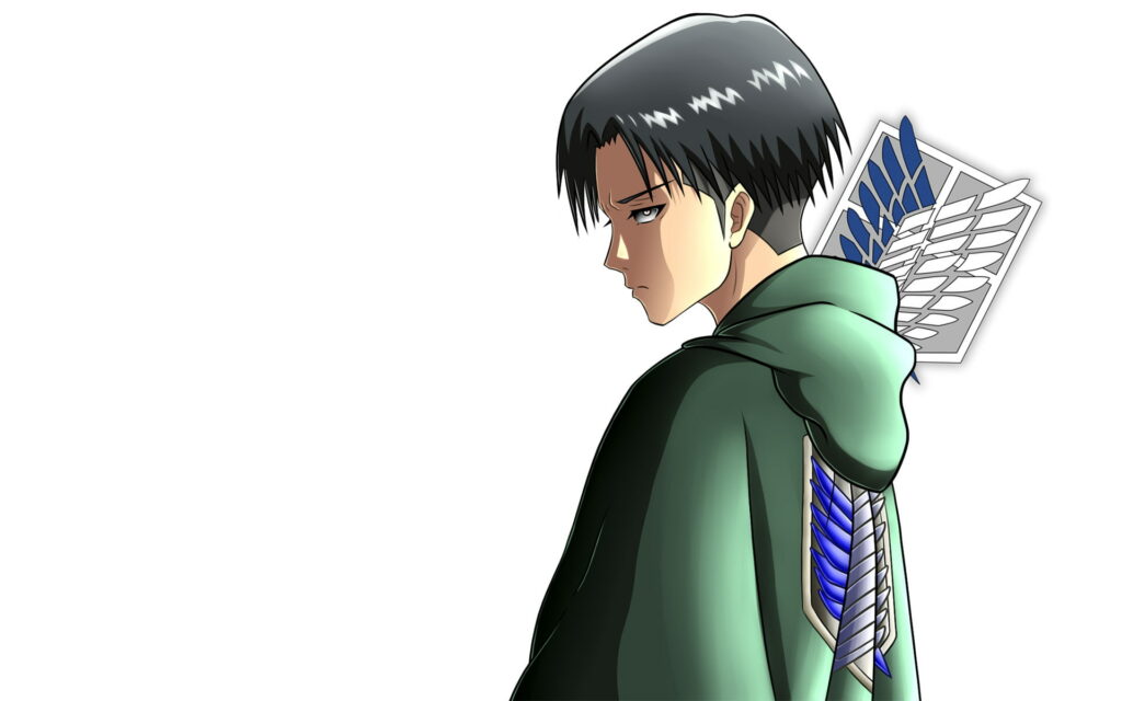 Levi Ackerman anime art wearing green Survey Corps cape with Wings of Freedom emblem white background Wallpaper