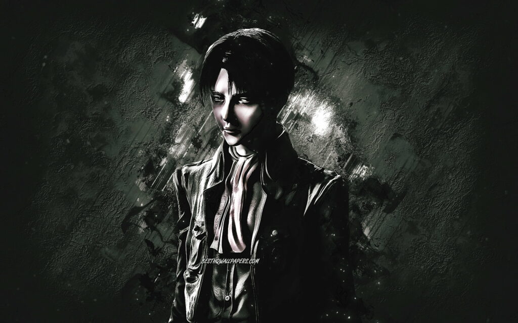 The Titan Slayer Stares: Levi Ackerman from Attack on Titan Poses Dominantly against Jet-Black Manga Backdrop in Mesmerizing Portrait Wallpaper