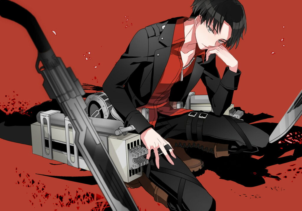 Levi Ackerman Attack on Titan wallpaper with 3D Maneuver Gear and dual blades red background