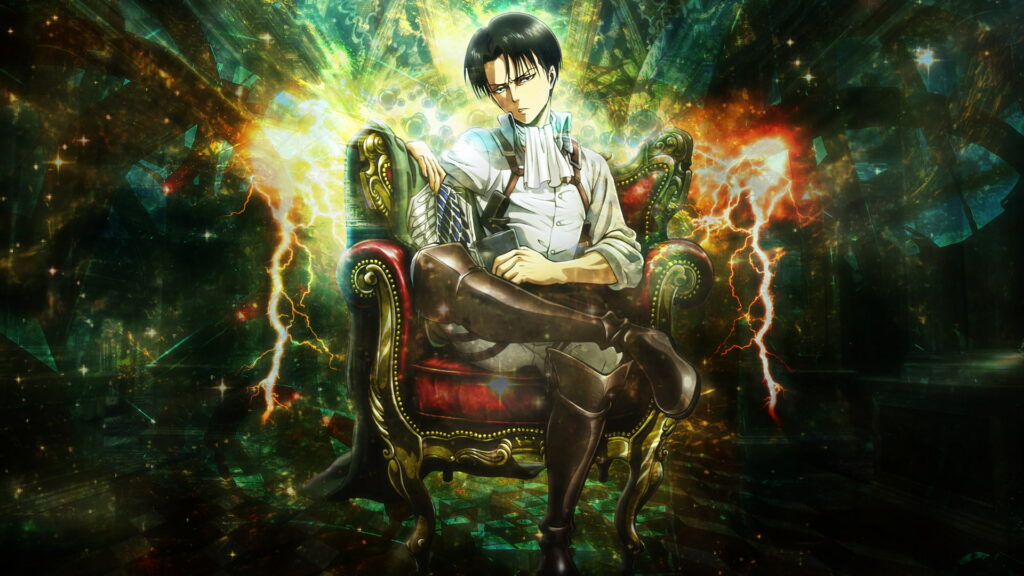 Levi Ackerman in Victorian armchair with glowing energy and orange lightning anime wallpaper background