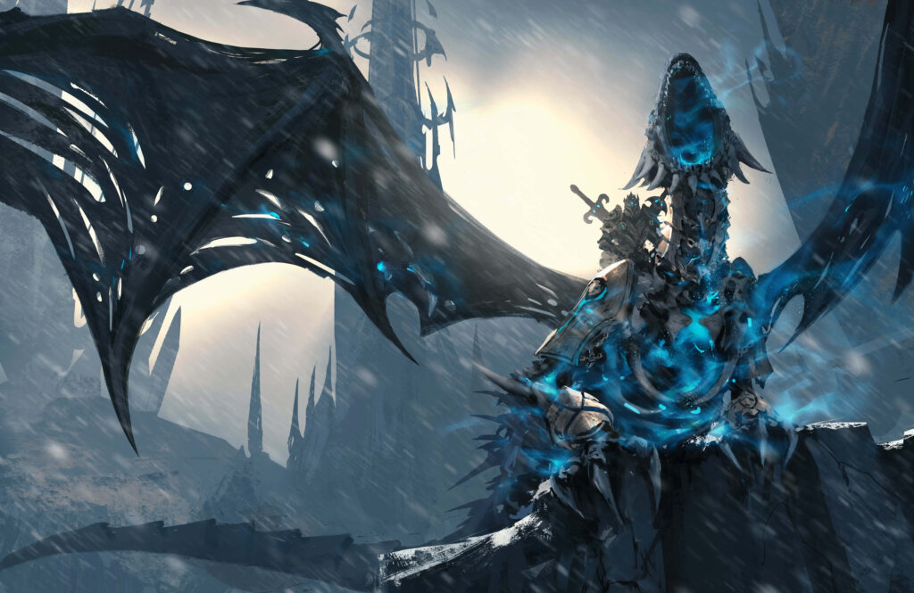 Lich King Arthas Menethil in dark armor on undead dragon with blue energy in snowy landscape Wallpaper