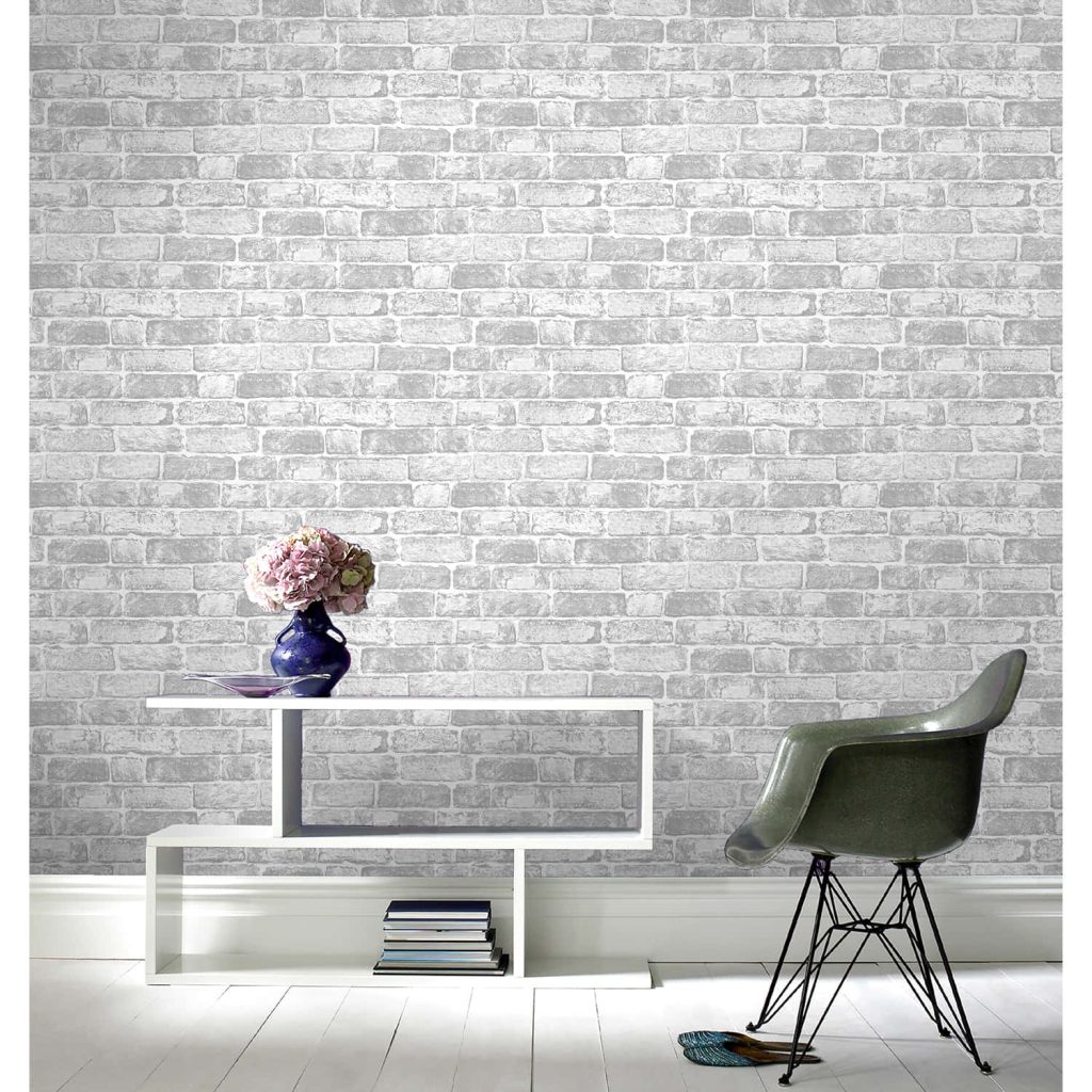 Light grey brick effect wallpaper with distressed texture for modern industrial décor background
