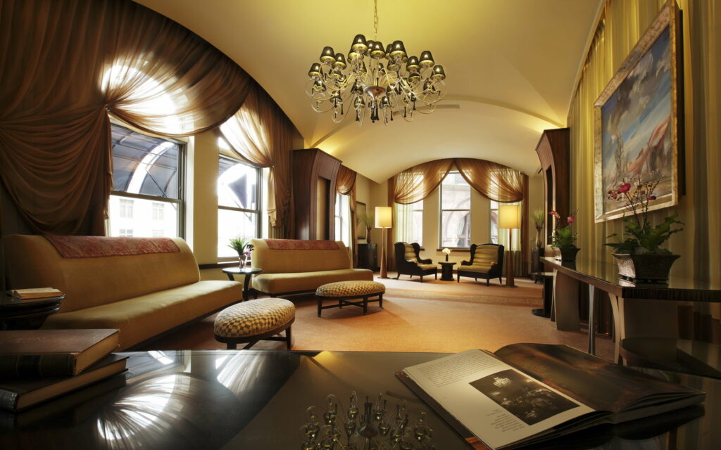 Reflecting Light: A Stunning Living Room Interior Design with Table and Windows in HD Wallpaper