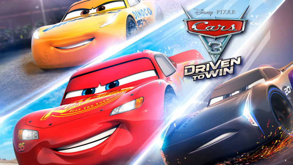 Cars 3 wallpaper featuring Lightning McQueen Cruz Ramirez and Jackson Storm racing fast vibrant colors