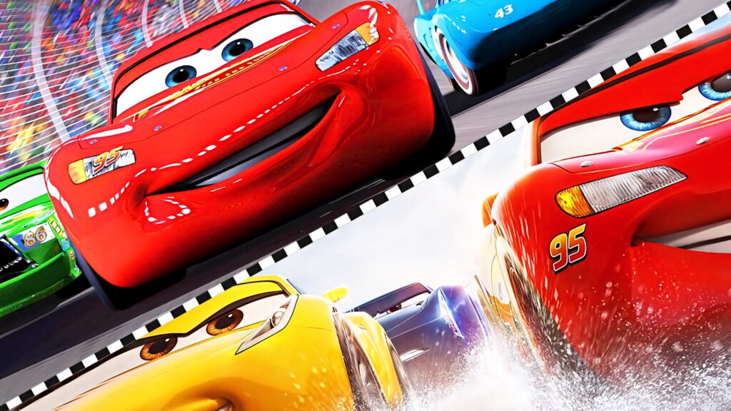 Cars 3 wallpaper with Lightning McQueen Cruz Ramirez and Jackson Storm racing in vibrant colors
