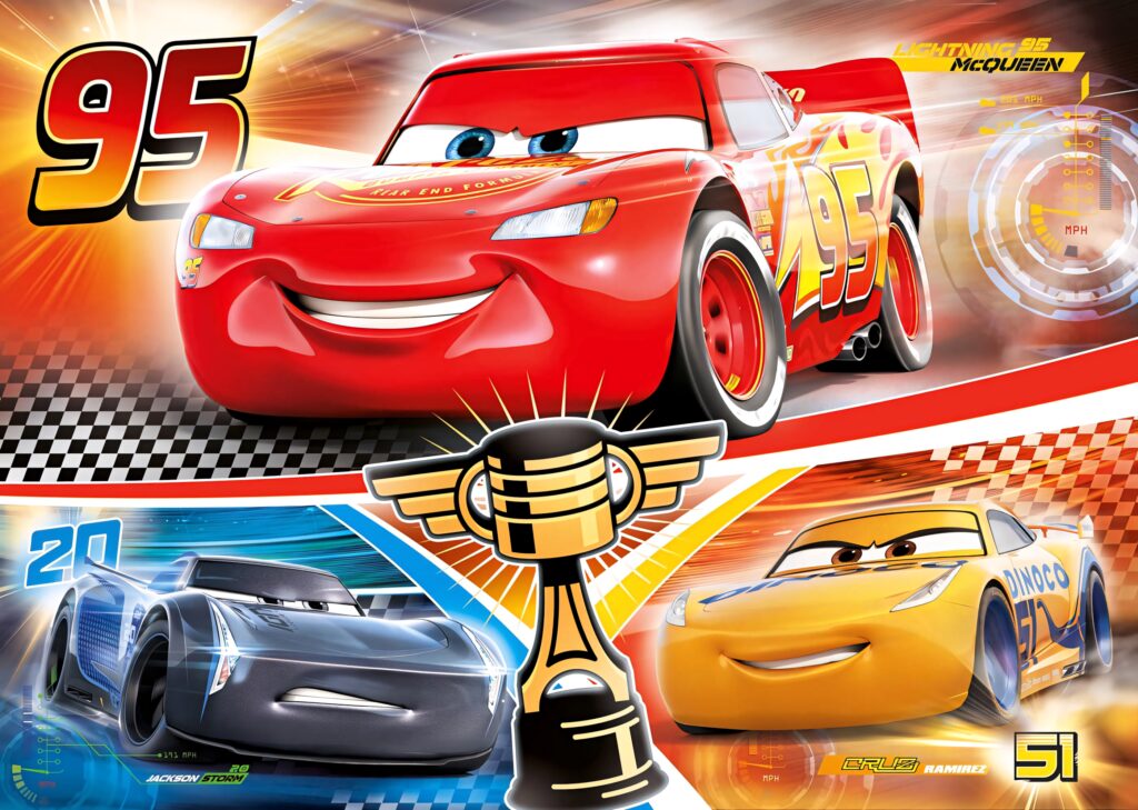 Lightning McQueen Jackson Storm Cruz Ramirez racing scene vibrant Cars 3 wallpaper background