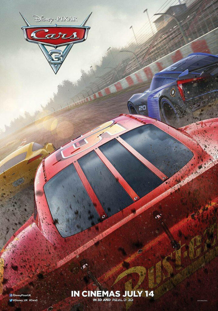 Lightning McQueen racing fast on sunlit track Cars 3 wallpaper vibrant motion blur background