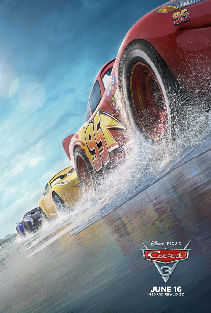 Lightning McQueen racing with competitors on slick track vibrant colors motion blur Cars 3 wallpaper