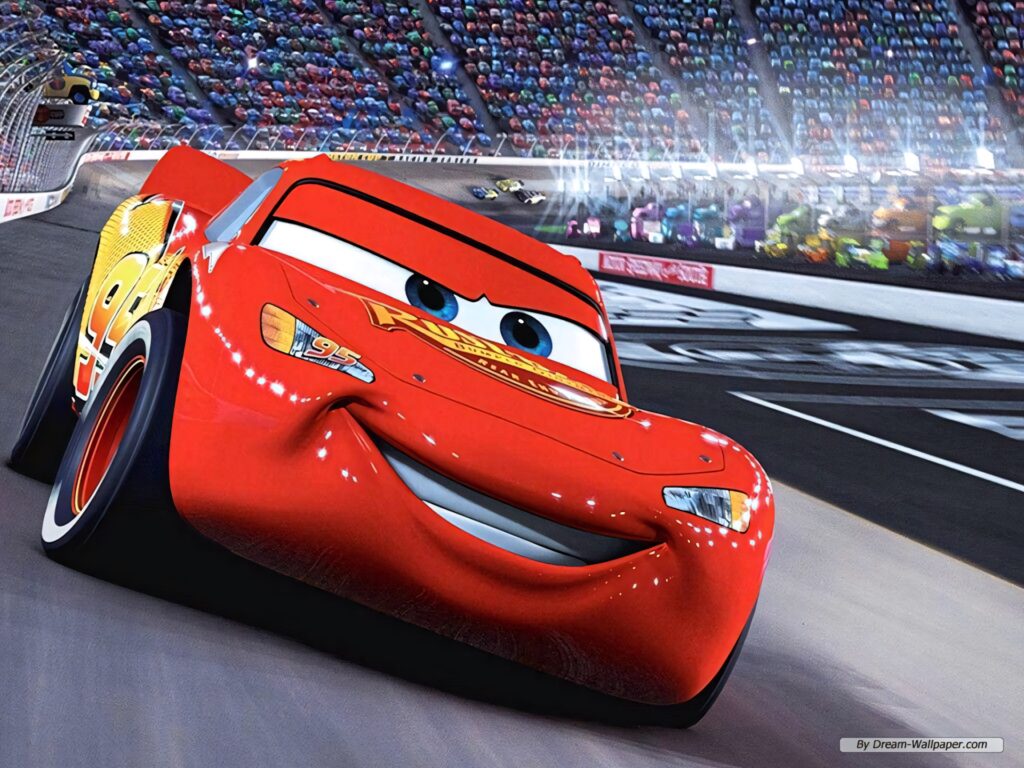 Lightning McQueen racing on bright track glossy red paint number 95 animated Cars wallpaper