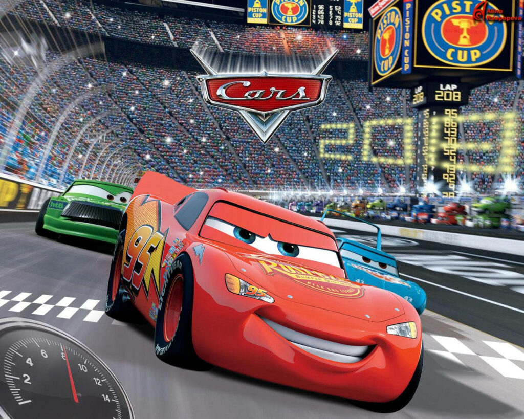 Lightning McQueen racing fast on vibrant Cars wallpaper with packed stadium and dynamic motion