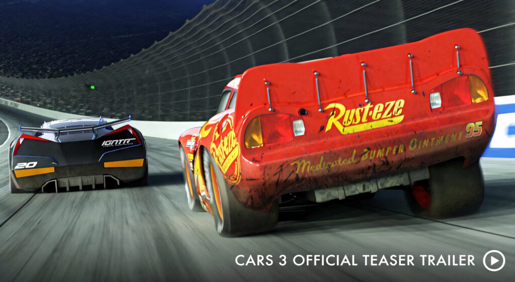 Lightning McQueen racing fast on curved track with detailed sponsors Cars 3 wallpaper background