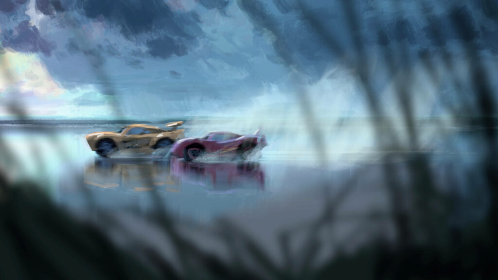 Lightning McQueen and Cruz Ramirez race on misty beach with dramatic cloudy sky Cars 3 wallpaper