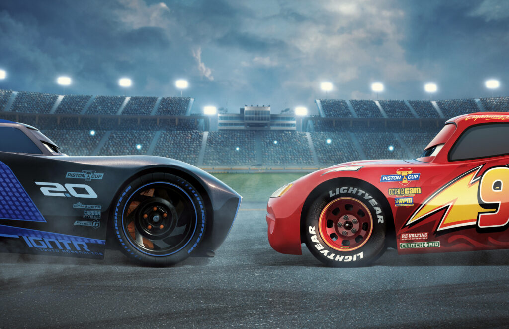 Ultimate Racing Showdown: Lightning McQueen vs. Jackson Storm in a Thrilling Stadium Face-off - Lightning McQueen Background Image Wallpaper