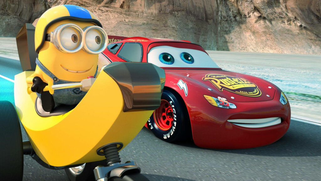 Vibrant wallpaper with Lightning McQueen and cheerful Minion on banana vehicle in desert background