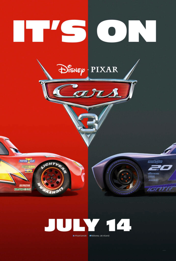 Cars 3 poster with Lightning McQueen and Jackson Storm facing off on red and dark gray split background Wallpaper