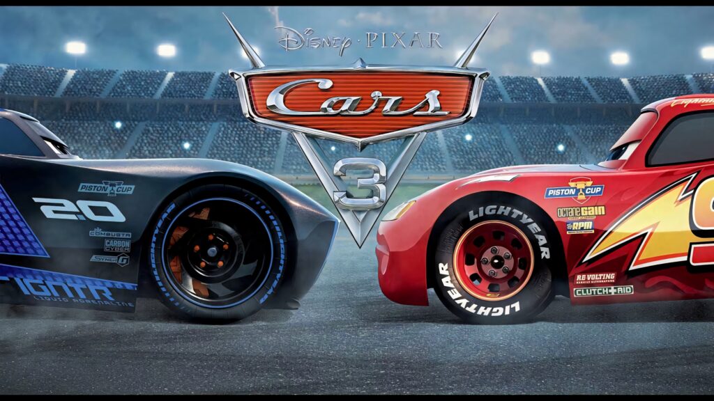 Lightning McQueen and Jackson Storm intense Cars 3 race standoff vibrant colorful wallpaper