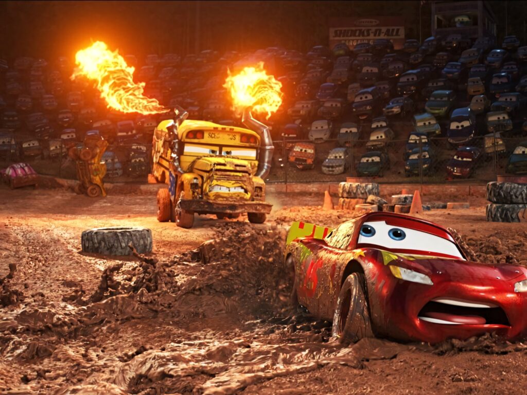 Lightning McQueen racing mud arena chased by fierce Miss Fritter demolition derby Cars 3 wallpaper