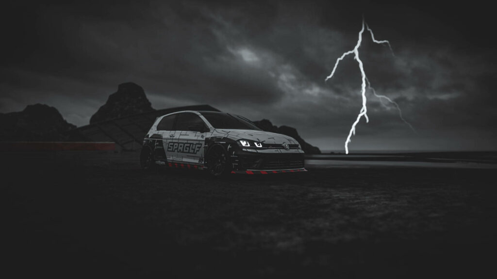 White SPRGLF Car Awakens Amidst Dark Skies Wallpaper