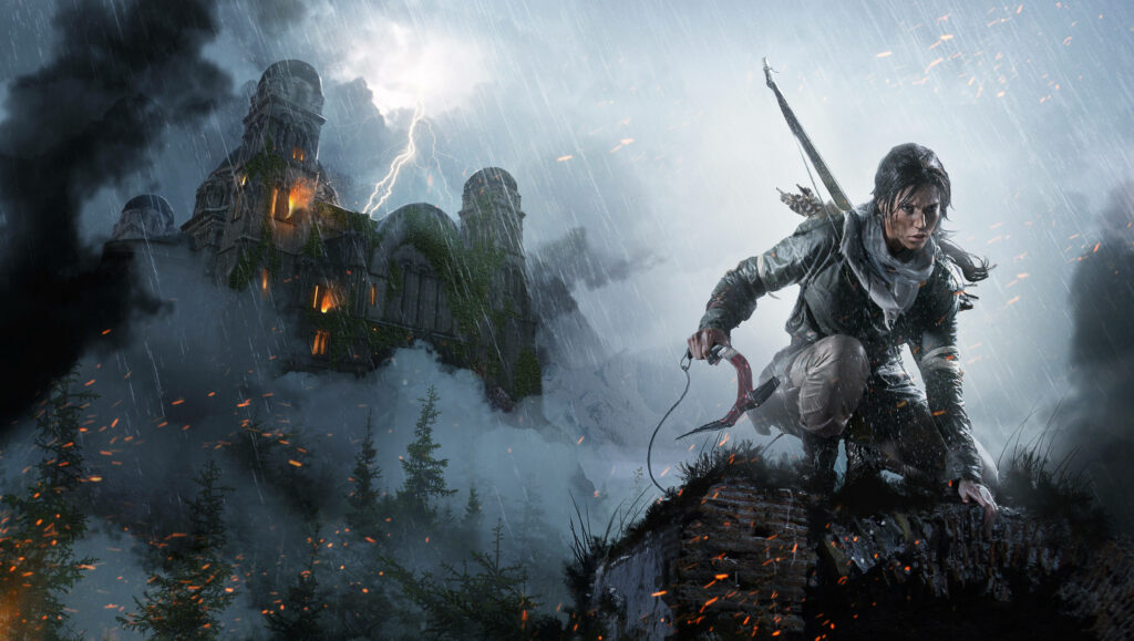 Lara Croft Embracing the Storm: The Enchanting Abode of Mystery and Adventure Wallpaper
