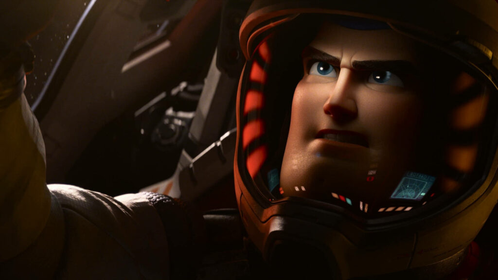 Close-up of Lightyear in detailed space suit helmet showing determined expression wallpaper