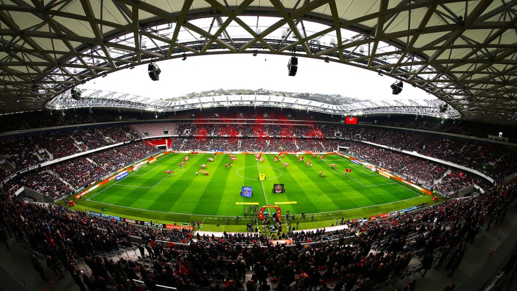 Aerial view of Allianz Riviera stadium full of fans during OGC Nice vs PSG Ligue 1 match Wallpaper