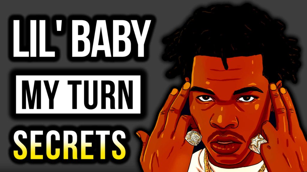 Vibrant cartoon portrait of rapper Lil Baby with signature jewelry and My Turn Secrets text background Wallpaper