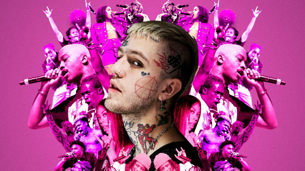Vibrant Lil Peep portrait with face tattoos and hip-hop artist collage on magenta wallpaper background