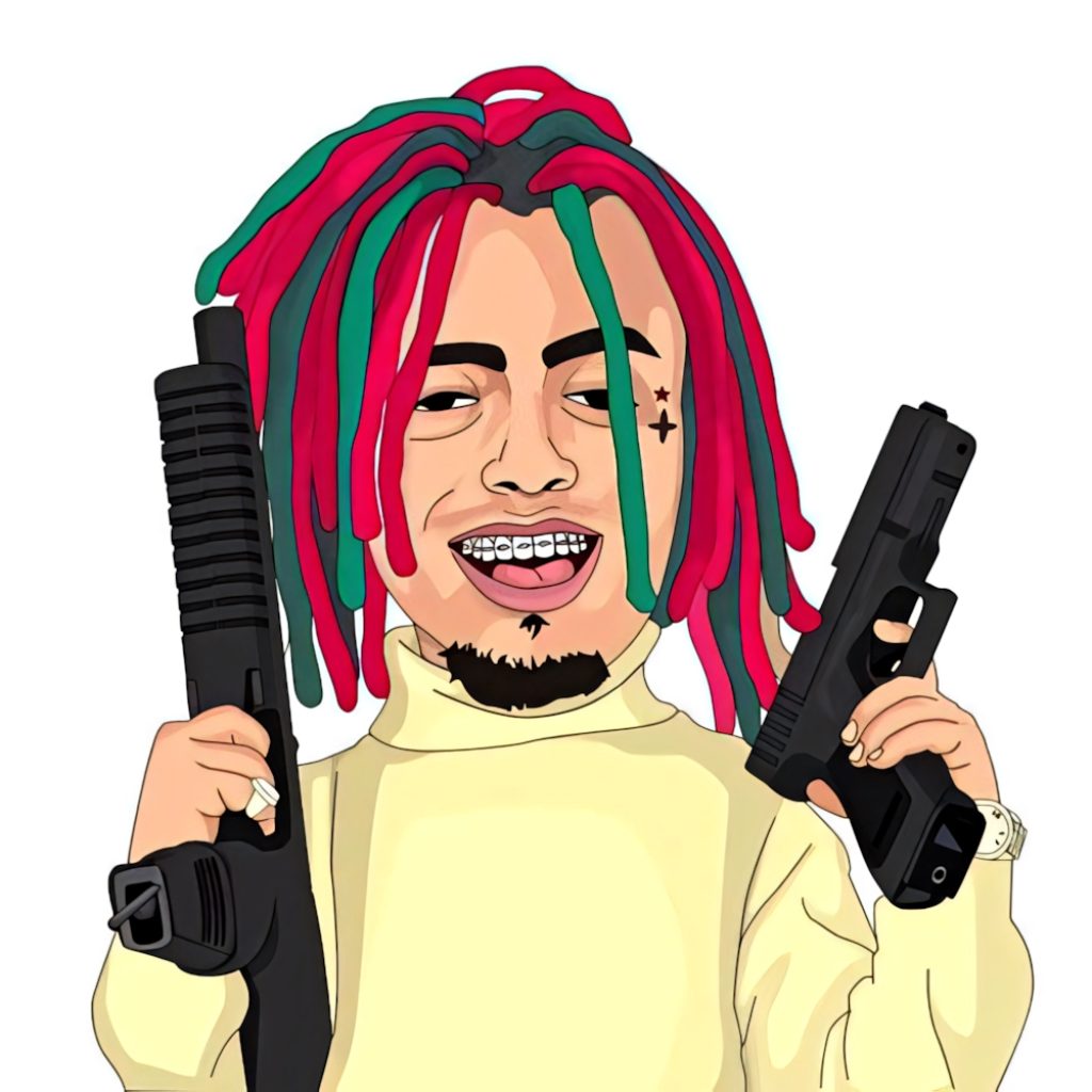 Lil Pump digital art wallpaper with red green dreadlocks face tattoos grillz cream turtleneck guns