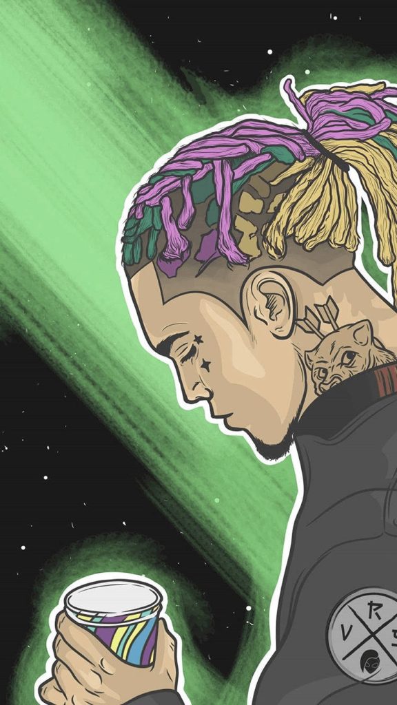 Digital illustration of rapper Lil Pump with colorful dreadlocks and face tattoos praying holding cup Wallpaper