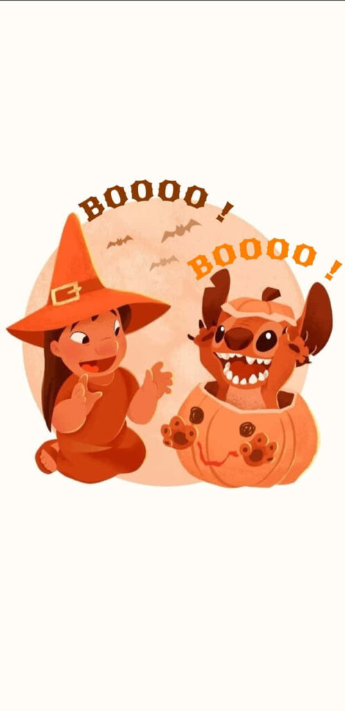 Lilo & Stitch Halloween: Witch & Pumpkin Fun in Spooky Scene Wallpaper
