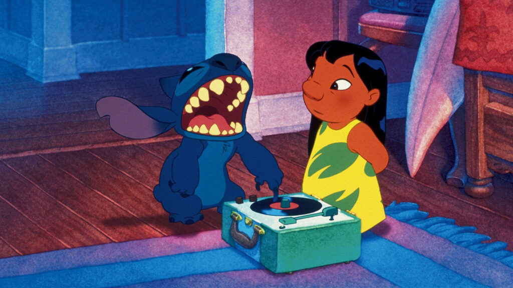 Lilo and Stitch animated wallpaper with vintage vinyl record player on wooden floor and blue rug