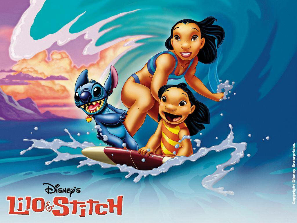 Vibrant Lilo & Stitch Surfing Wallpaper – Fun Ocean Scene