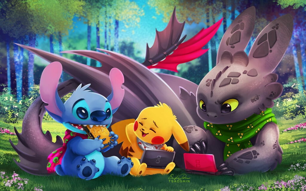Adorable Animated Creatures Unite in a Vibrant HD Wallpaper: Lilo & Stitch, How To Train Your Dragon, Pikachu, Toothless, and More!