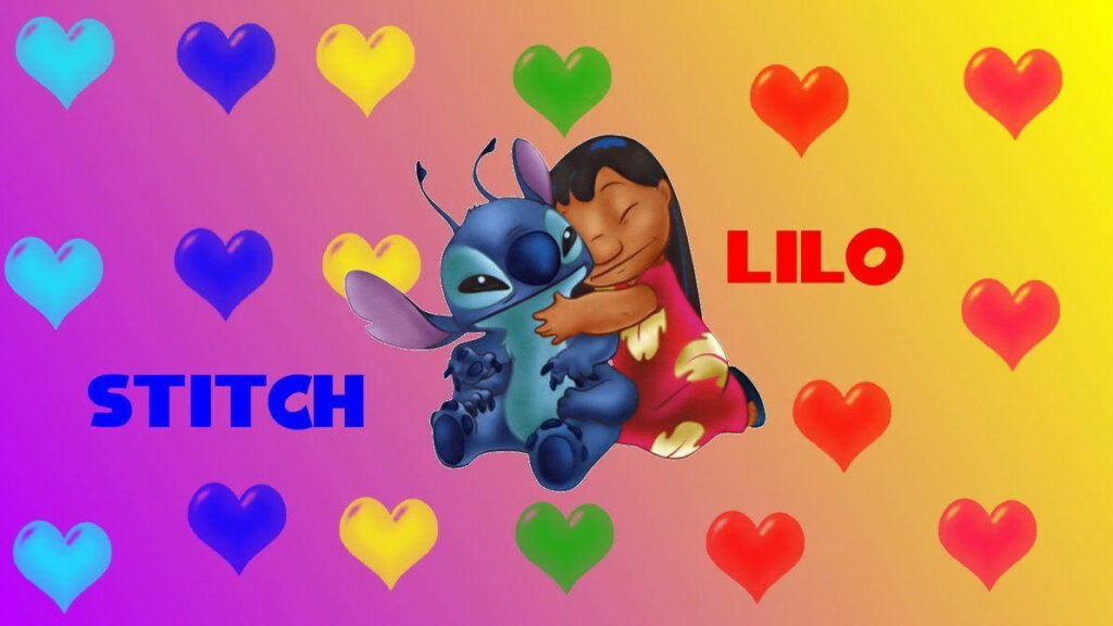 3D Lilo and Stitch Embrace on Colorful Heart Background Wallpaper