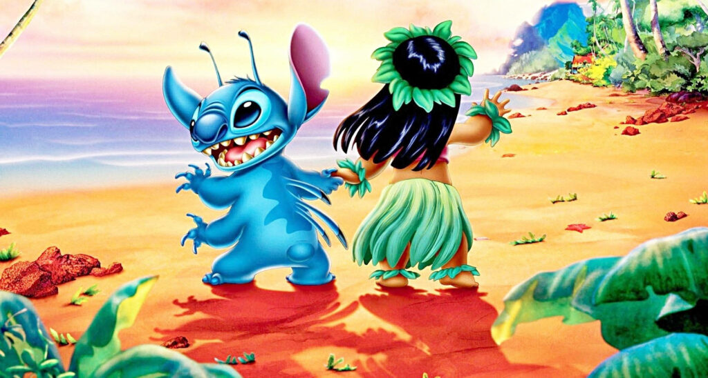 Disney Duo Enjoys Tropical Paradise: Lilo and Stitch on a Beach Bliss Wallpaper
