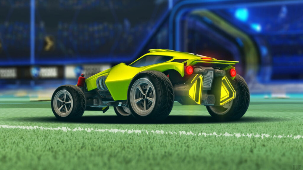 Vibrant Lime Green Car Dominates Battle Stadium's Grass Field in Rocket League HD Wallpaper