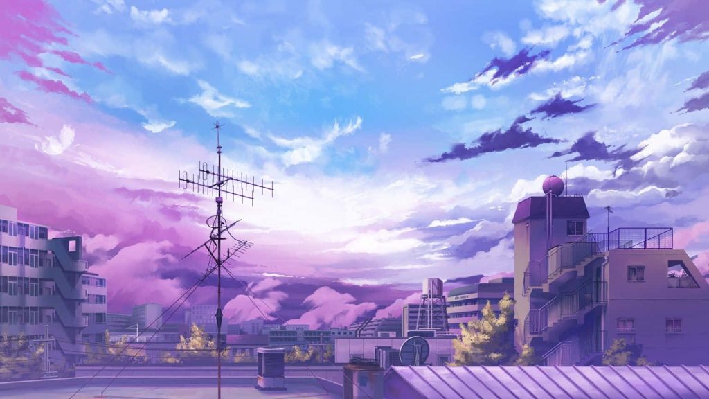 Anime-style sunset rooftop wallpaper pastel purple clouds urban skyline digital art background