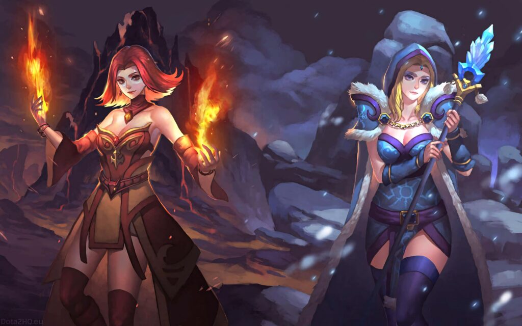 Lina the Slayer and Rylai Crystal Maiden in fiery and icy fantasy landscape anime wallpaper