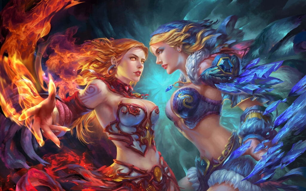 Lina the Slayer and Rylai the Crystal Maiden epic fantasy wallpaper with fire and ice contrast