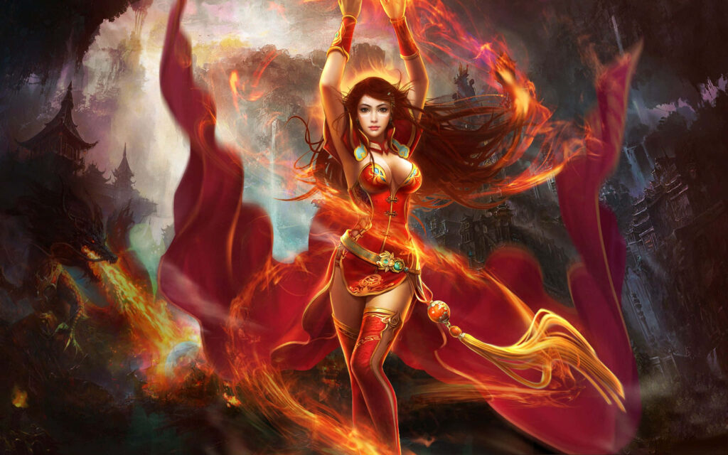 Inferno's Fury: Lina Engulfs the Battlefield in Fiery Spellcasting Wallpaper