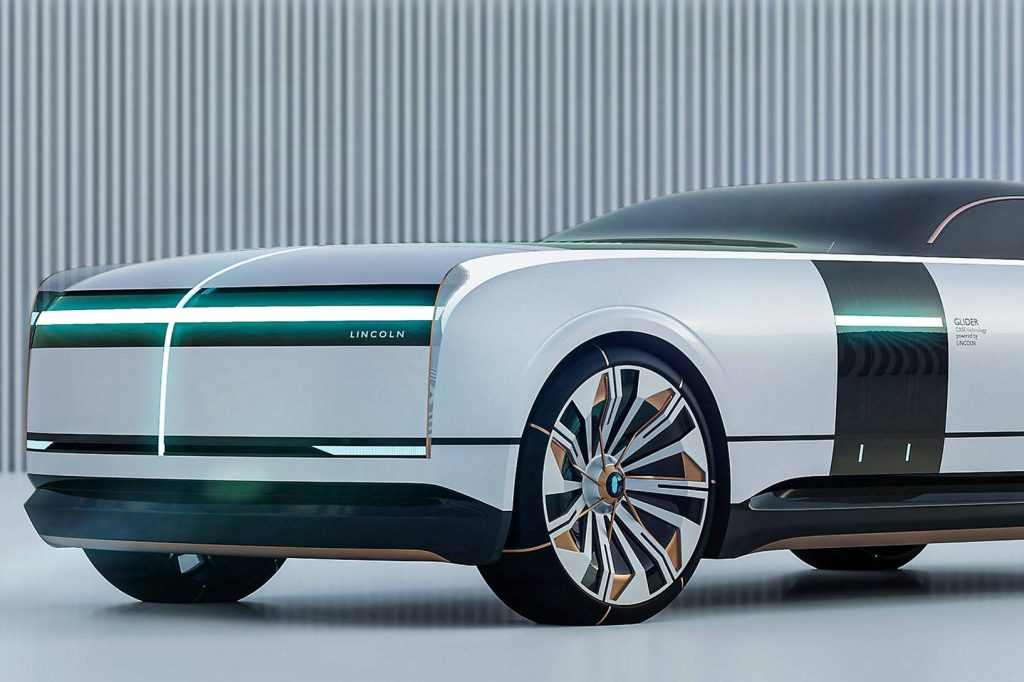 Lincoln concept car CGI render silver boxy profile illuminated accents futuristic design wallpaper