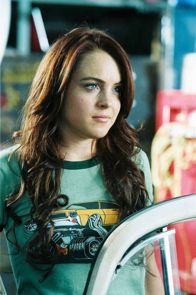 Lindsay Lohan Herbie Fully Loaded casual green ringer tee yellow car graphic wavy red hair Wallpaper