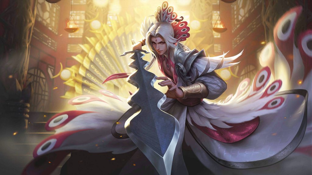 Ling Lord Shen skin Mobile Legends hero with blade peacock motifs warm palace light wallpaper