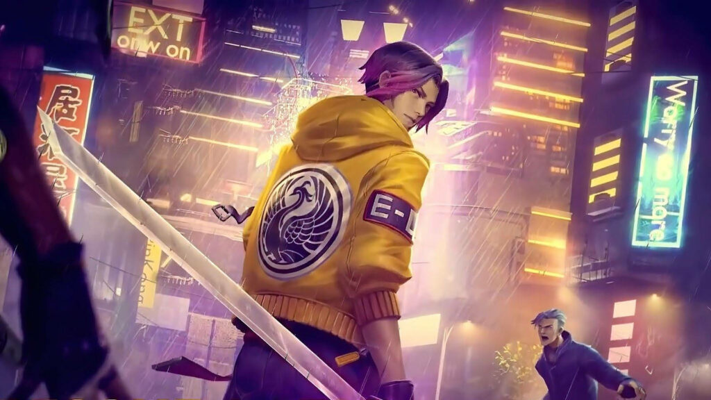 Ling Street Punk Mobile Legends wallpaper with swordsman in yellow hoodie neon cyberpunk cityscape