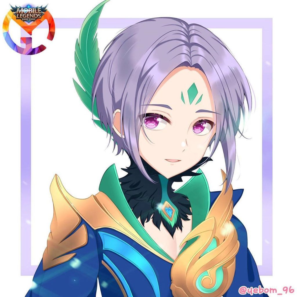 Ling from Mobile Legends with lavender hair purple eyes blue gold costume digital wallpaper