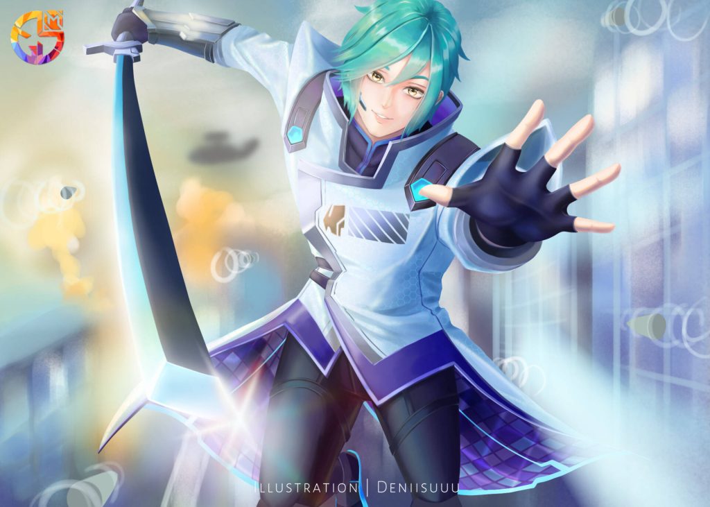 Ling Mobile Legends Cosmo Guard skin lunging with glowing high-tech sword in sci-fi anime style Wallpaper