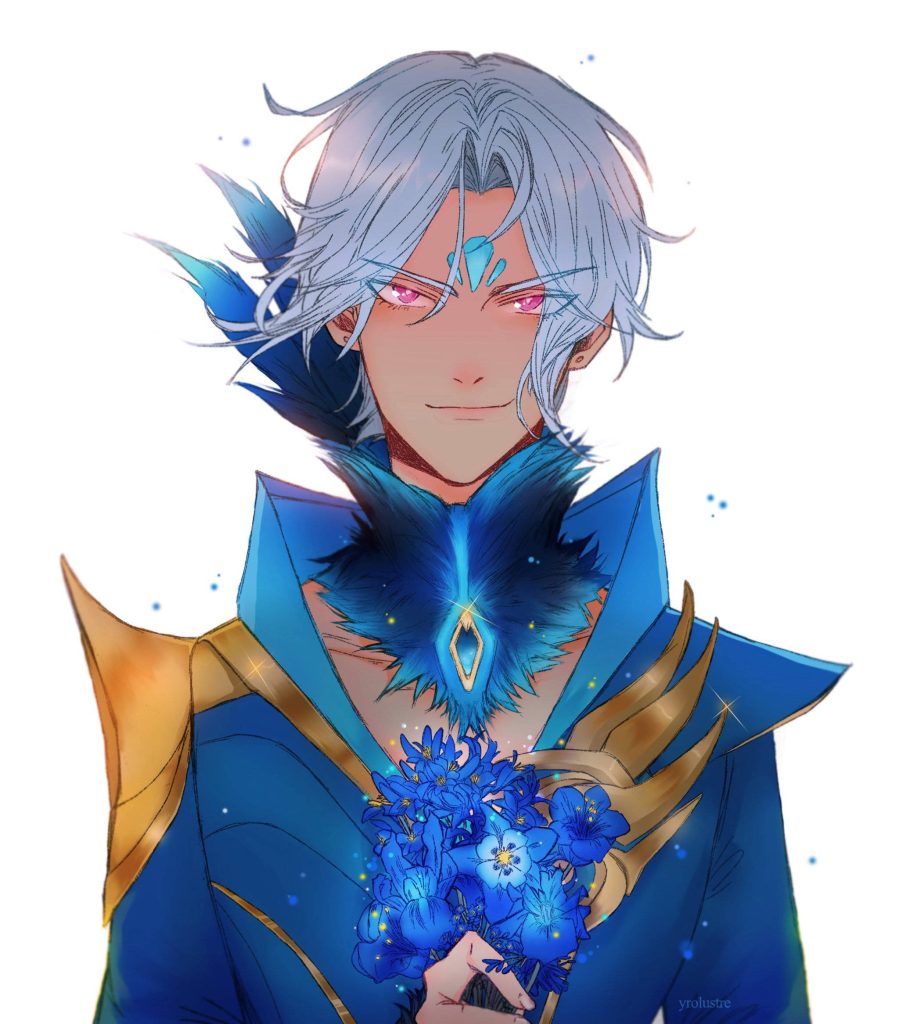 Ling from Mobile Legends in blue gold armor holding blue flowers anime wallpaper background