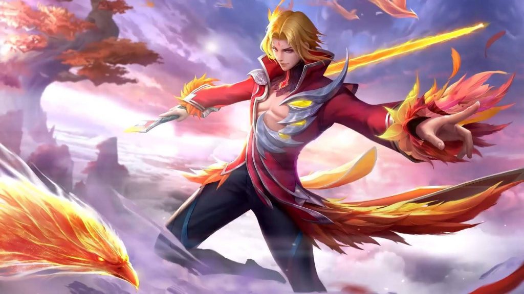 Ling from Mobile Legends wields twin blades with phoenix flames in vibrant red gold wallpaper